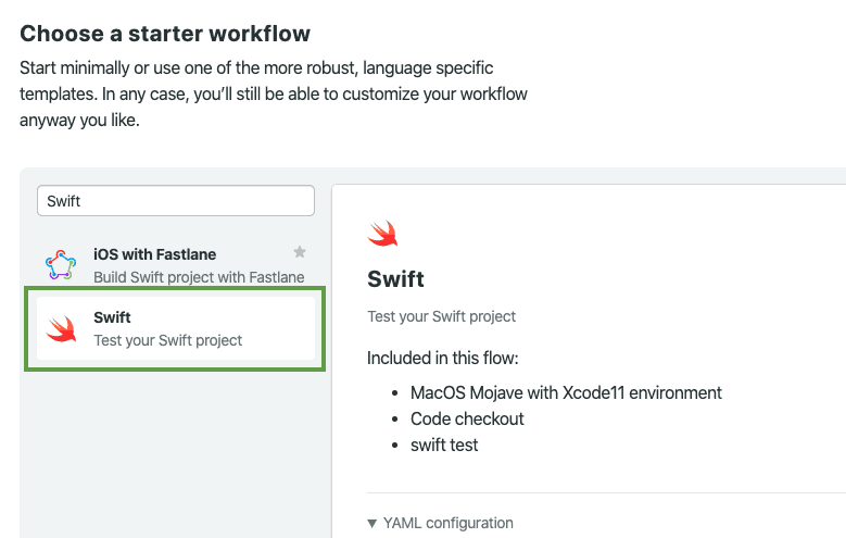 screenshot of choosing a starter workflow for Swift in Semaphore