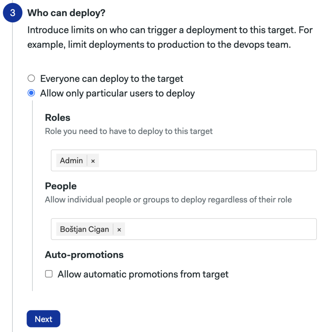 Step 3 of Target Wizard - Specify roles who can deploy in our environment.