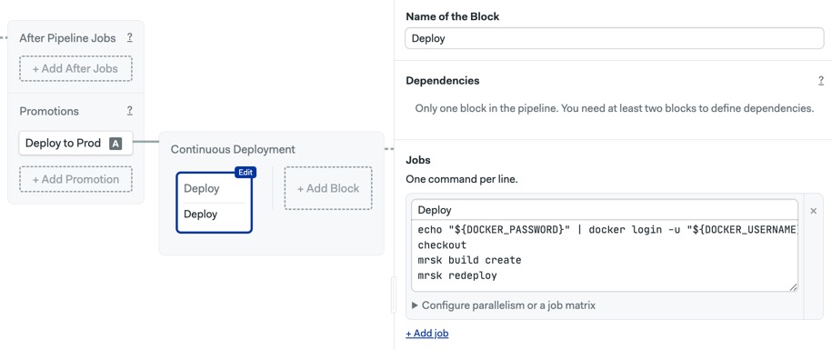 The workflow visual editor in Semaphore shows a block with a single job called deploy. It contains the deployment commands and has the kamal-deploy and dockerhub secrets enabled.
