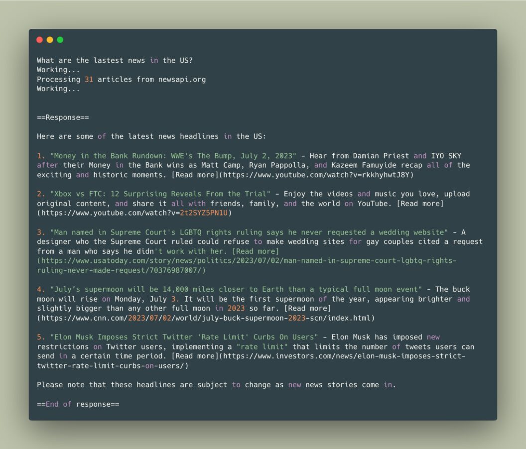 Example run of NewsGPT. A command line interface shows the user asking, "What's the latest news in the US?" and receiving a list of five articles with links to the journals or sources.