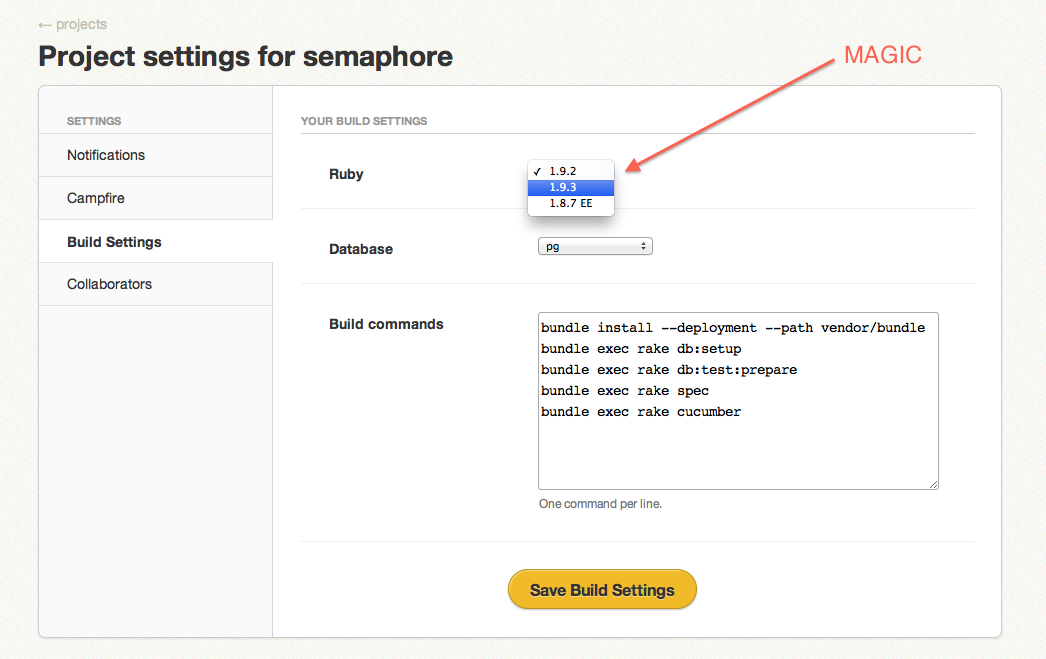 semaphore project settings ruby