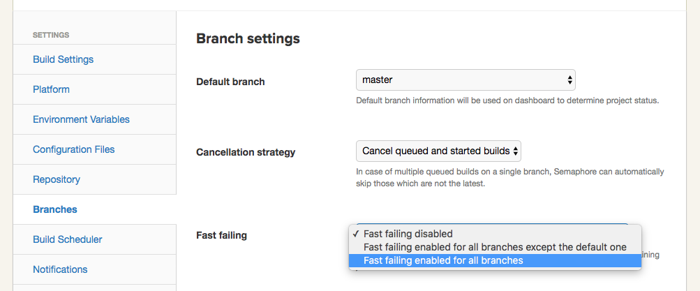 Branch settings for Fast Failing