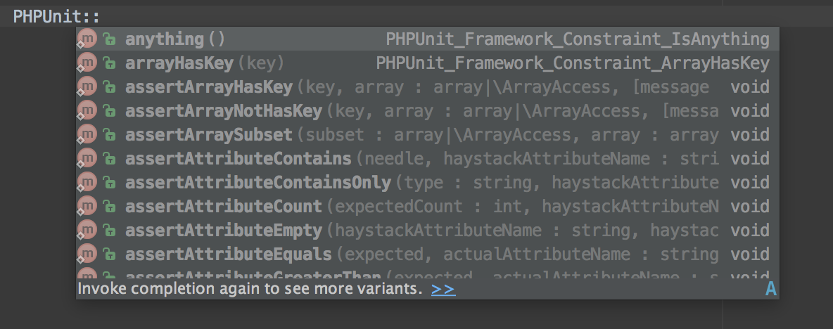 Autocomplete Dialog for Assertions in the Imported PHPUnit Class